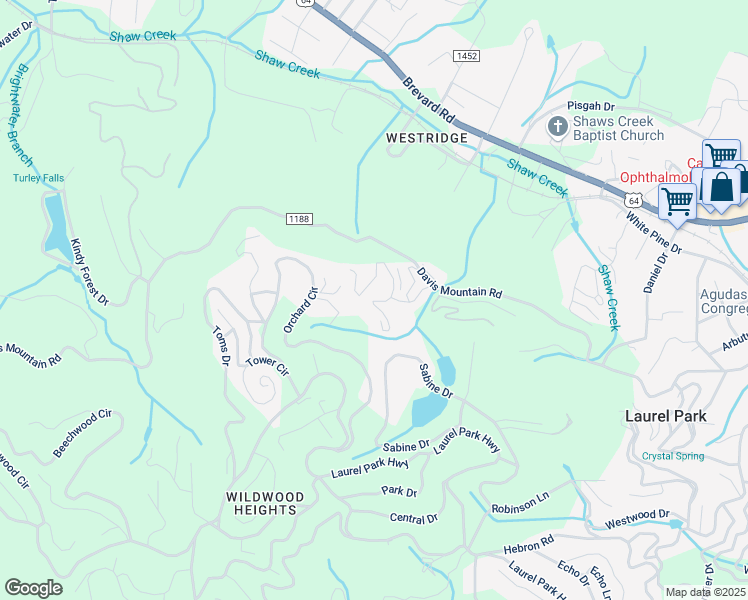 map of restaurants, bars, coffee shops, grocery stores, and more near 116 Woodbridge Drive in Laurel Park