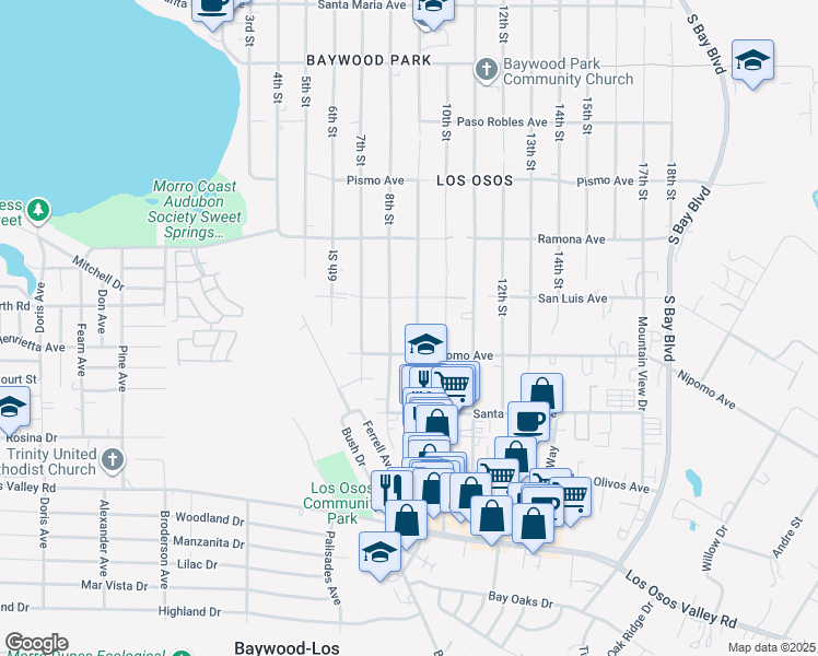 map of restaurants, bars, coffee shops, grocery stores, and more near 1870 8th Street in Baywood-Los Osos