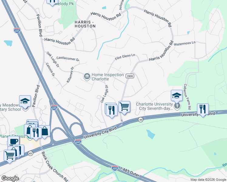 map of restaurants, bars, coffee shops, grocery stores, and more near 1903 Winsted Court in Charlotte