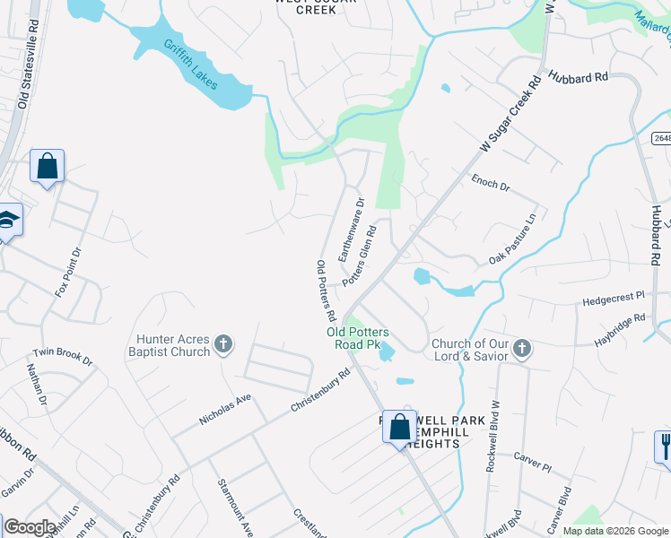 map of restaurants, bars, coffee shops, grocery stores, and more near 8500 Old Potters Road in Charlotte