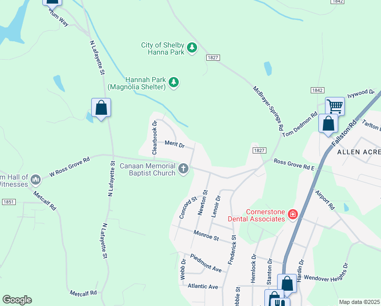 map of restaurants, bars, coffee shops, grocery stores, and more near 216 Merit Drive in Shelby