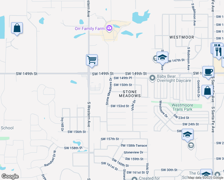 map of restaurants, bars, coffee shops, grocery stores, and more near 721 Southwest 151st Street in Oklahoma City