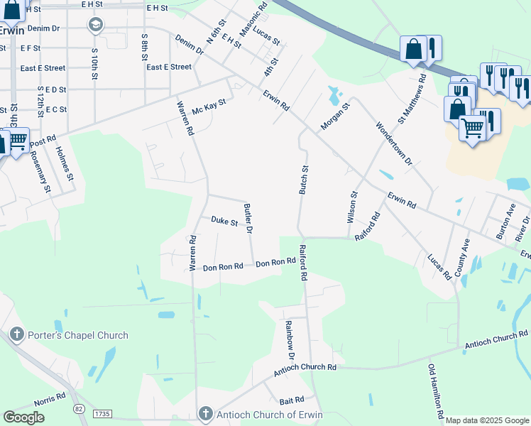 map of restaurants, bars, coffee shops, grocery stores, and more near 937 Butler Drive in Erwin