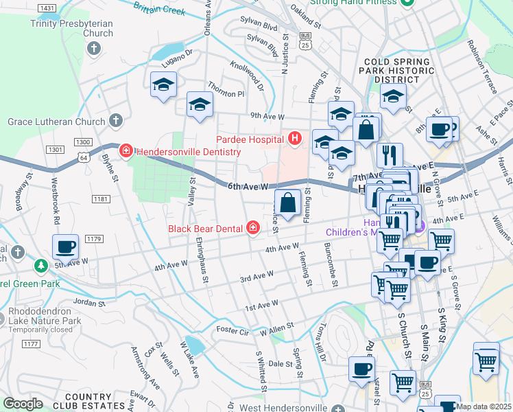 map of restaurants, bars, coffee shops, grocery stores, and more near 728 Florida Avenue in Hendersonville