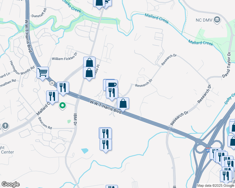 map of restaurants, bars, coffee shops, grocery stores, and more near 1507 Flat River Drive in Charlotte