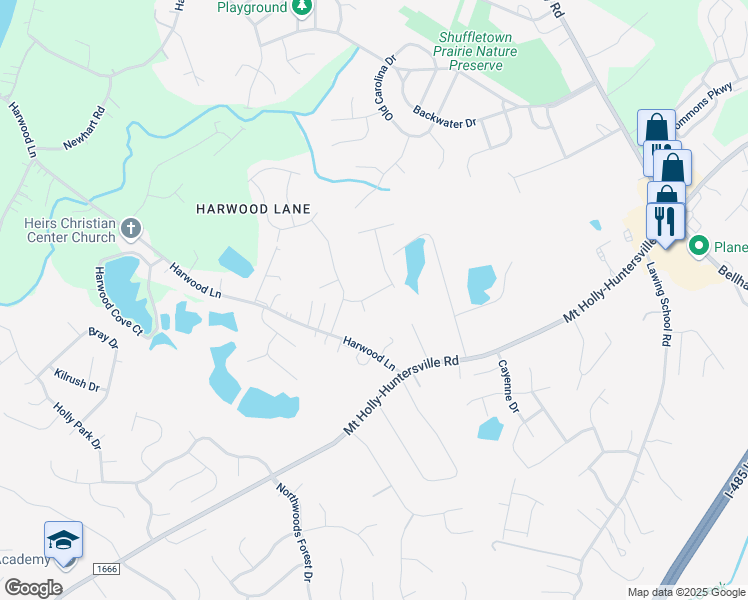 map of restaurants, bars, coffee shops, grocery stores, and more near 9405 Gentle Stream Lane in Charlotte