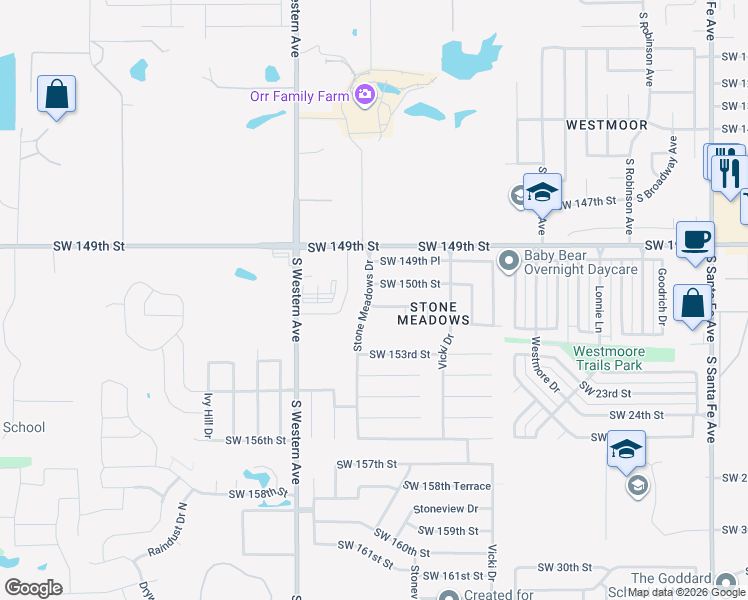 map of restaurants, bars, coffee shops, grocery stores, and more near 724 Southwest 151st Street in Oklahoma City