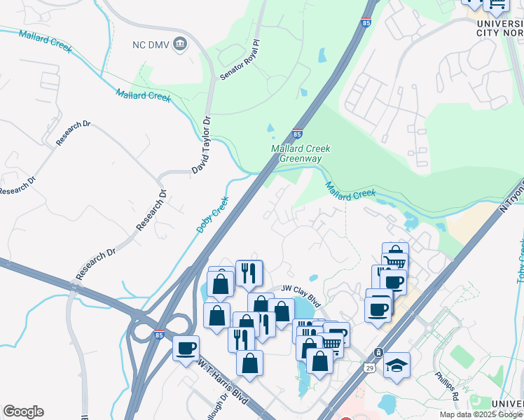 map of restaurants, bars, coffee shops, grocery stores, and more near 9241 Glenwater Drive in Charlotte