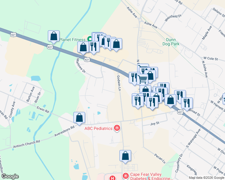map of restaurants, bars, coffee shops, grocery stores, and more near 107 Murchison Drive in Dunn