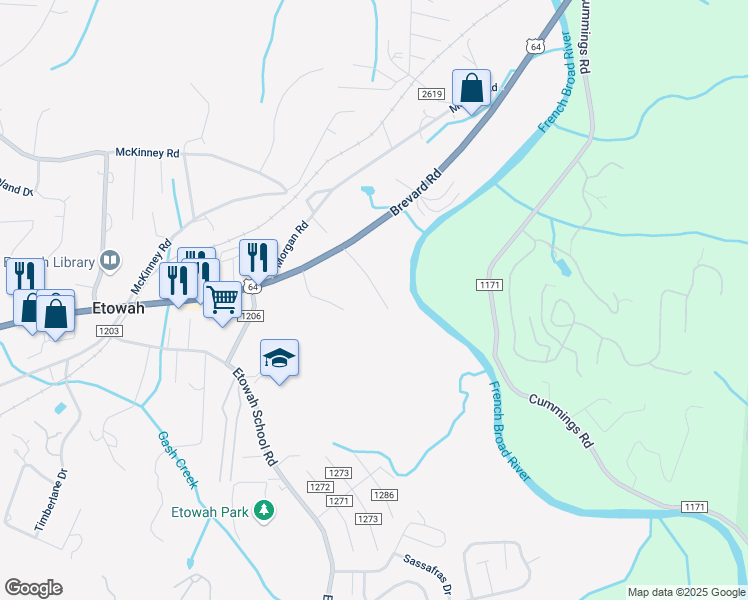 map of restaurants, bars, coffee shops, grocery stores, and more near 33 Averys Drive in Etowah