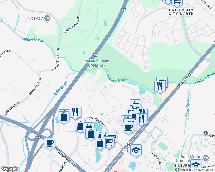 map of restaurants, bars, coffee shops, grocery stores, and more near 728 Mountainwater Drive in Charlotte