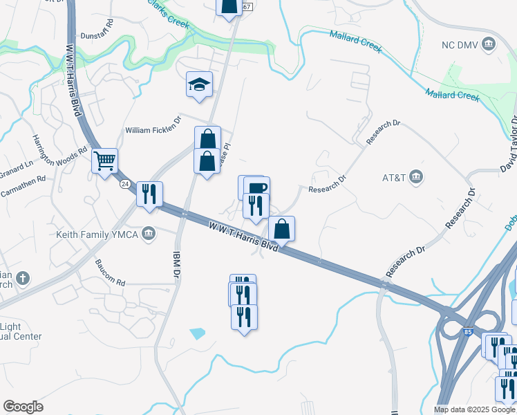 map of restaurants, bars, coffee shops, grocery stores, and more near 1520 Overland Park Lane in Charlotte