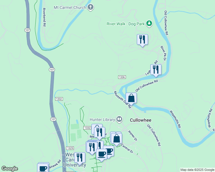 map of restaurants, bars, coffee shops, grocery stores, and more near 65 South Painter Road in Cullowhee