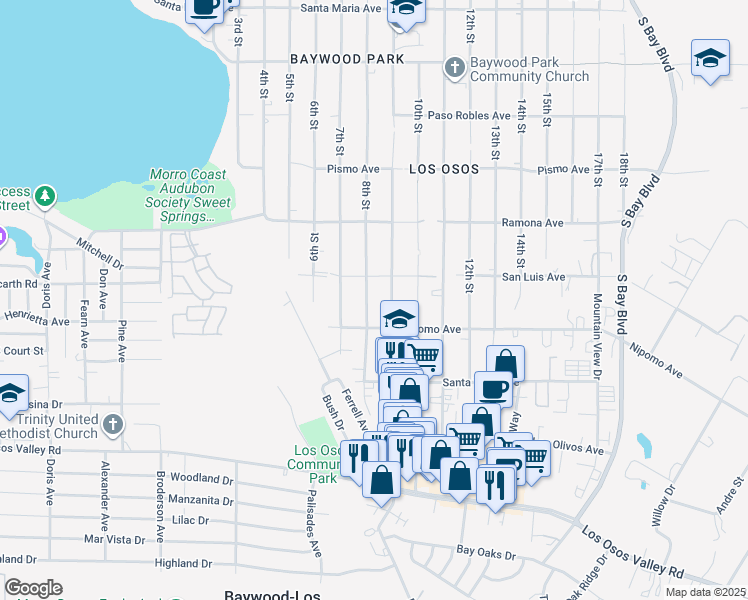 map of restaurants, bars, coffee shops, grocery stores, and more near 1842 8th Street in Baywood-Los Osos