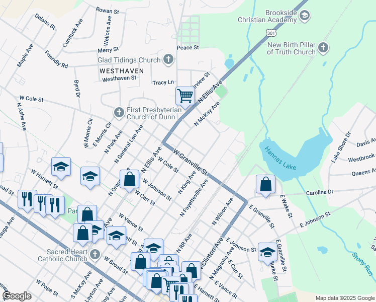 map of restaurants, bars, coffee shops, grocery stores, and more near 1007 North Layton Avenue in Dunn