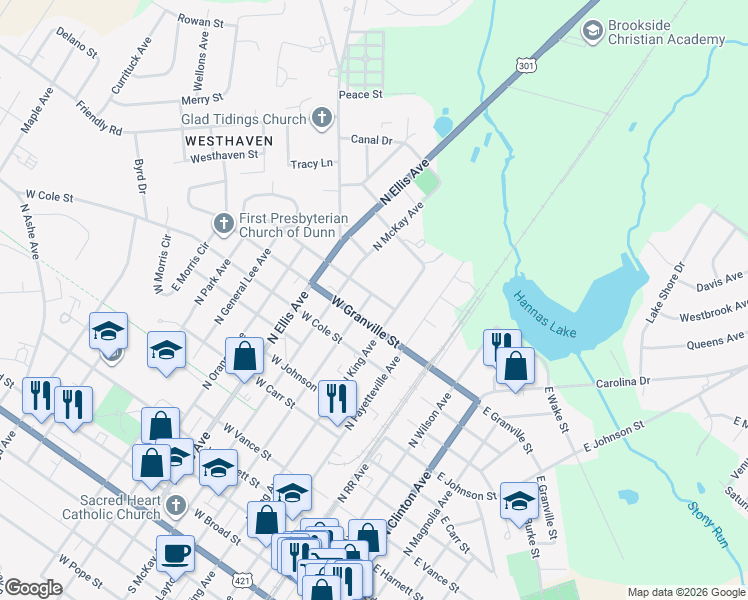 map of restaurants, bars, coffee shops, grocery stores, and more near 1010 South Layton Avenue in Dunn
