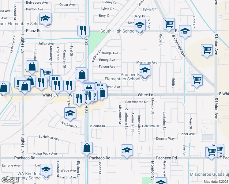 map of restaurants, bars, coffee shops, grocery stores, and more near 1320 White Lane in Bakersfield