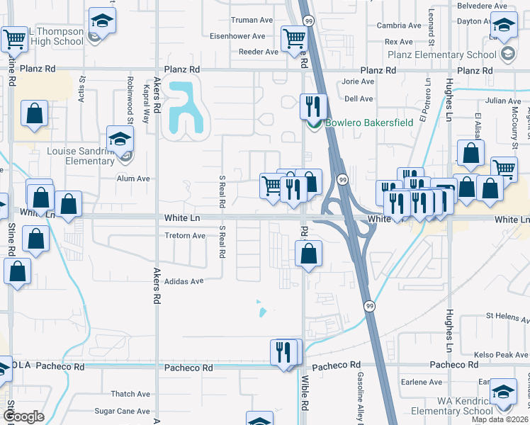 map of restaurants, bars, coffee shops, grocery stores, and more near 3500 White Lane in Bakersfield