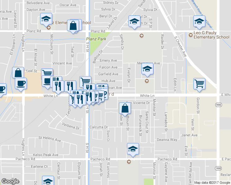 map of restaurants, bars, coffee shops, grocery stores, and more near 1320 White Lane in Bakersfield