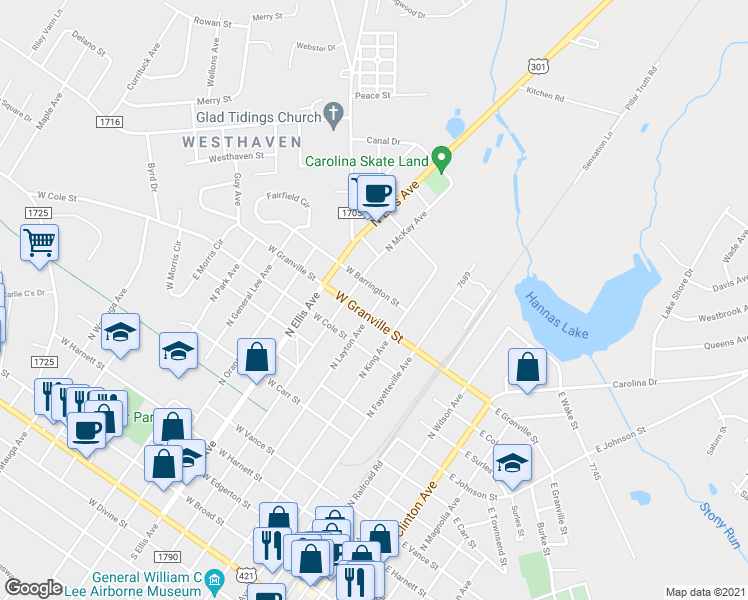 map of restaurants, bars, coffee shops, grocery stores, and more near 1007 North Layton Avenue in Dunn