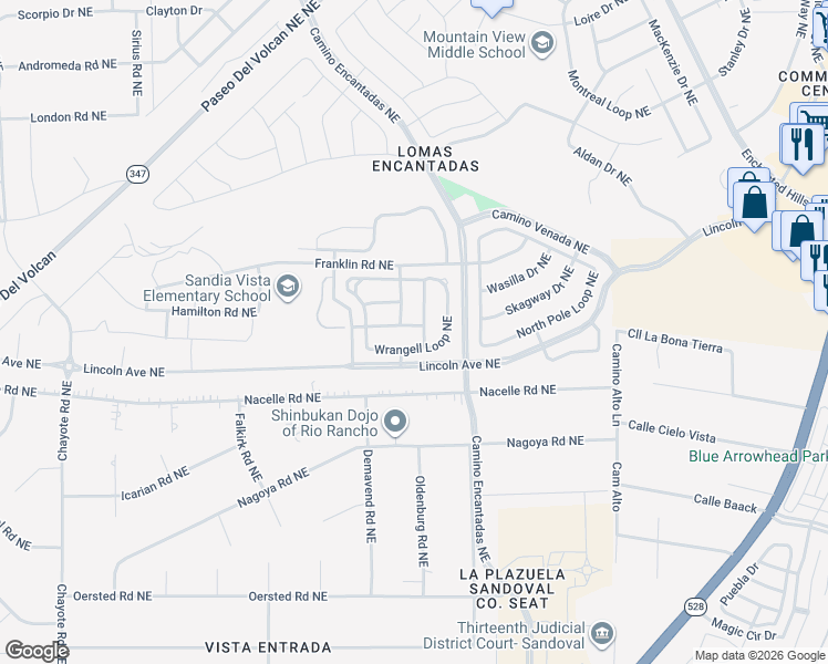 map of restaurants, bars, coffee shops, grocery stores, and more near 6954 Wrangell Loop Northeast in Rio Rancho