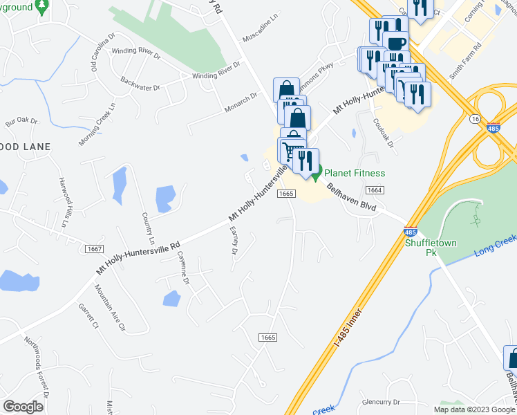 map of restaurants, bars, coffee shops, grocery stores, and more near 2706 Mount Holly-Huntersville Road in Charlotte
