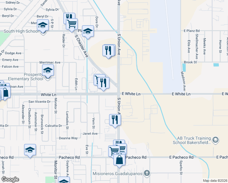map of restaurants, bars, coffee shops, grocery stores, and more near 100 White Lane in Bakersfield