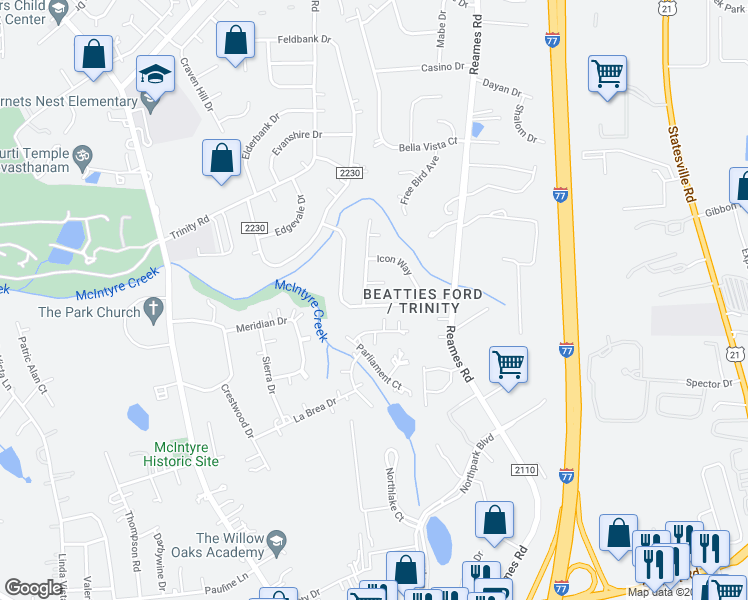 map of restaurants, bars, coffee shops, grocery stores, and more near 5909 Lawn Meadow Drive in Charlotte