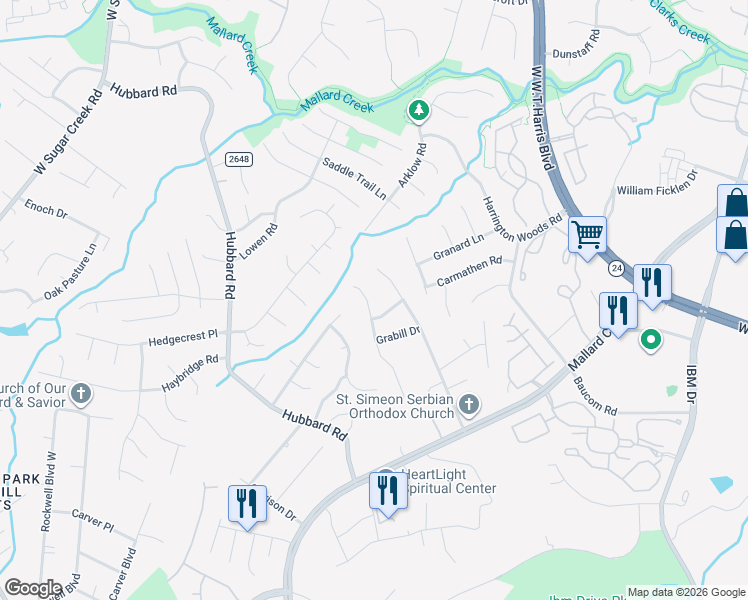 map of restaurants, bars, coffee shops, grocery stores, and more near 3404 Passour Ridge Lane in Charlotte