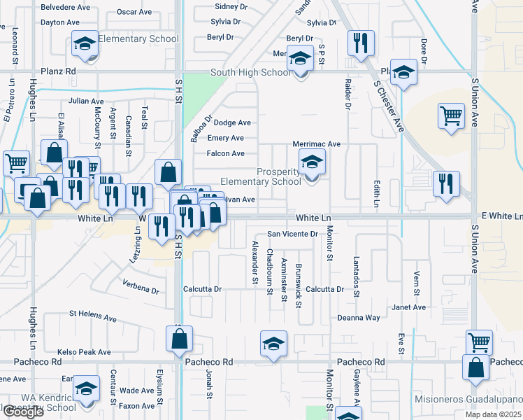 map of restaurants, bars, coffee shops, grocery stores, and more near 1212 White Lane in Bakersfield