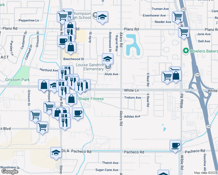 map of restaurants, bars, coffee shops, grocery stores, and more near 4206 White Lane in Bakersfield
