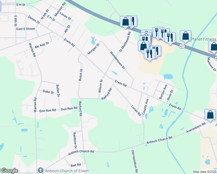 map of restaurants, bars, coffee shops, grocery stores, and more near 106 Raiford Road in Erwin
