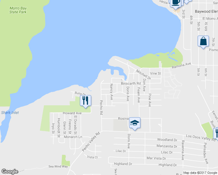 map of restaurants, bars, coffee shops, grocery stores, and more near 332 Grove Street in Baywood-Los Osos