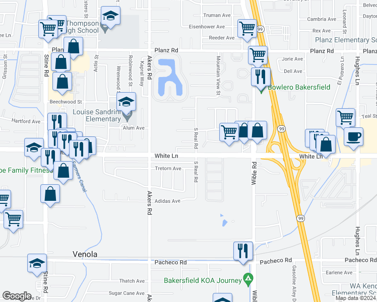 map of restaurants, bars, coffee shops, grocery stores, and more near in Bakersfield