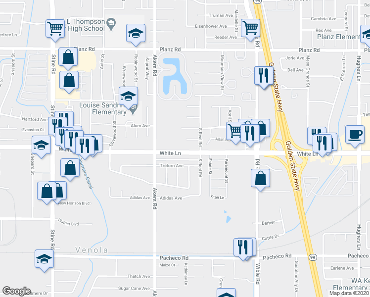 map of restaurants, bars, coffee shops, grocery stores, and more near in Bakersfield