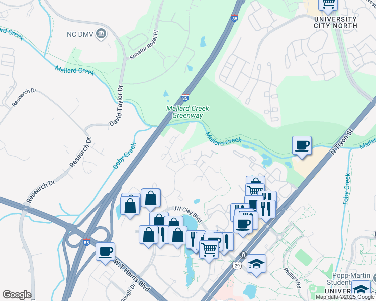 map of restaurants, bars, coffee shops, grocery stores, and more near 607 Mountainwater Drive in Charlotte