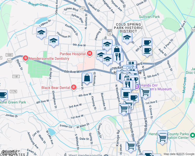 map of restaurants, bars, coffee shops, grocery stores, and more near 427 5th Avenue West in Hendersonville