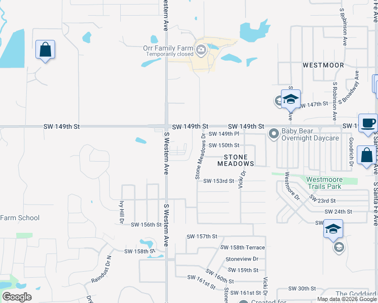 map of restaurants, bars, coffee shops, grocery stores, and more near 805 Southwest 151st Street in Oklahoma City