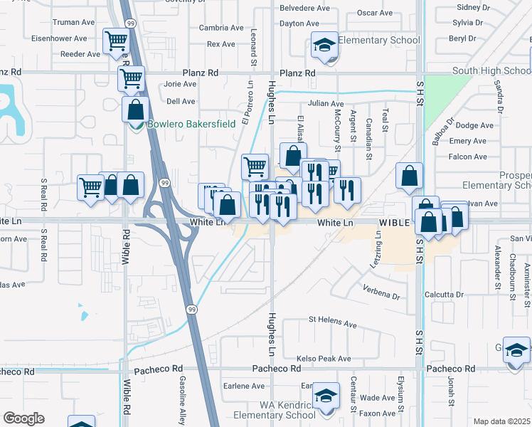 map of restaurants, bars, coffee shops, grocery stores, and more near 2500 White Lane in Bakersfield