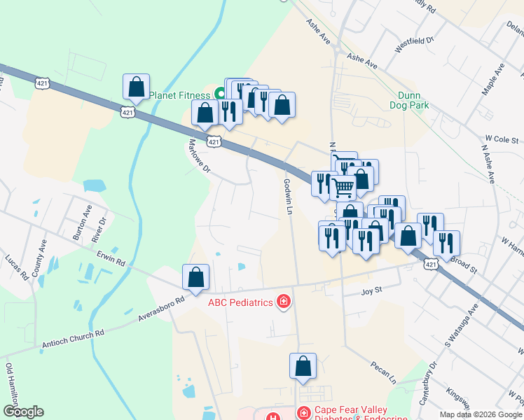 map of restaurants, bars, coffee shops, grocery stores, and more near 106 Murchison Drive in Dunn