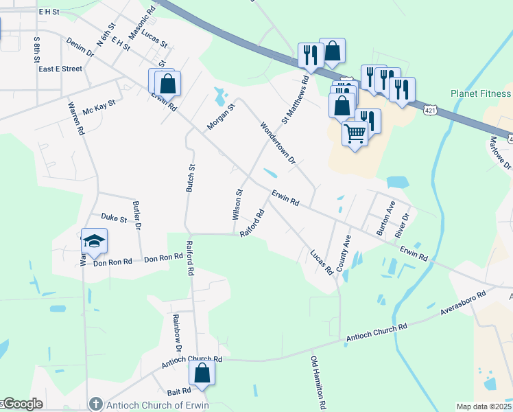 map of restaurants, bars, coffee shops, grocery stores, and more near 106 Raiford Road in Erwin