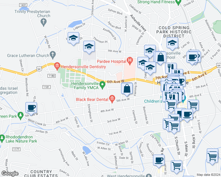 map of restaurants, bars, coffee shops, grocery stores, and more near 732 Florida Avenue in Hendersonville