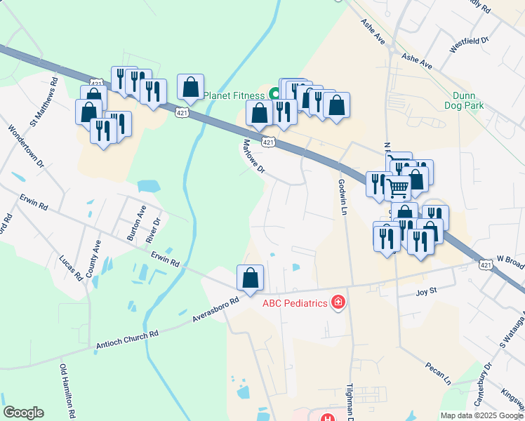 map of restaurants, bars, coffee shops, grocery stores, and more near 310 Coleridge Drive in Dunn