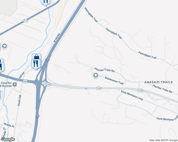 map of restaurants, bars, coffee shops, grocery stores, and more near 2 Roadrunner Trail in Placitas
