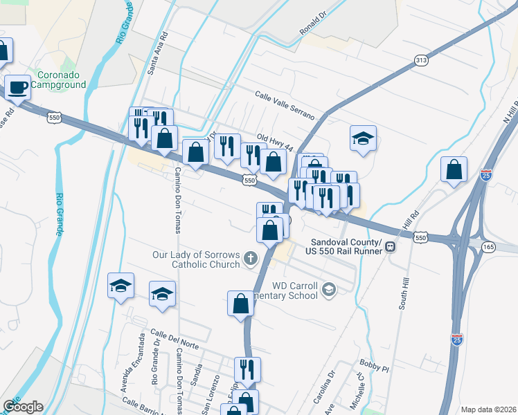 map of restaurants, bars, coffee shops, grocery stores, and more near in SANTA ANA PUE