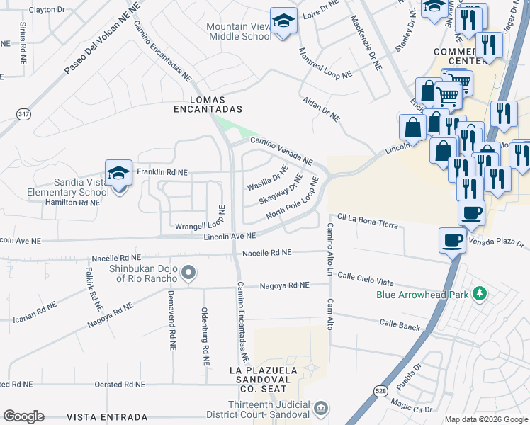 map of restaurants, bars, coffee shops, grocery stores, and more near 3525 North Pole Loop Northeast in Rio Rancho
