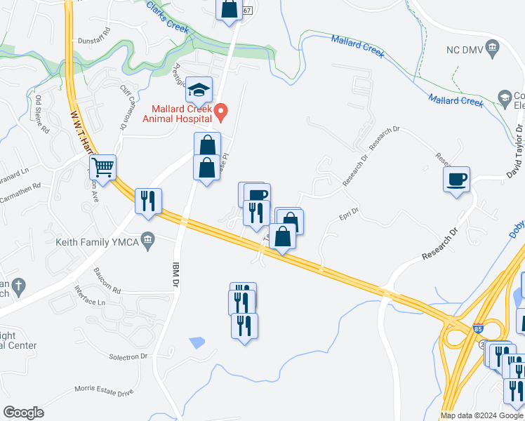 map of restaurants, bars, coffee shops, grocery stores, and more near 1619 Flat River Drive in Charlotte