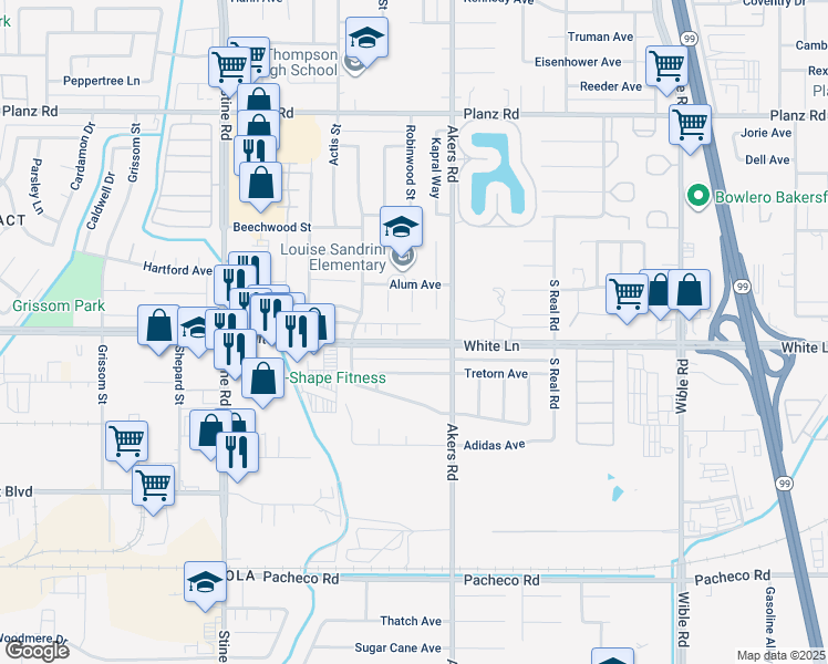 map of restaurants, bars, coffee shops, grocery stores, and more near 4201 White Lane in Bakersfield