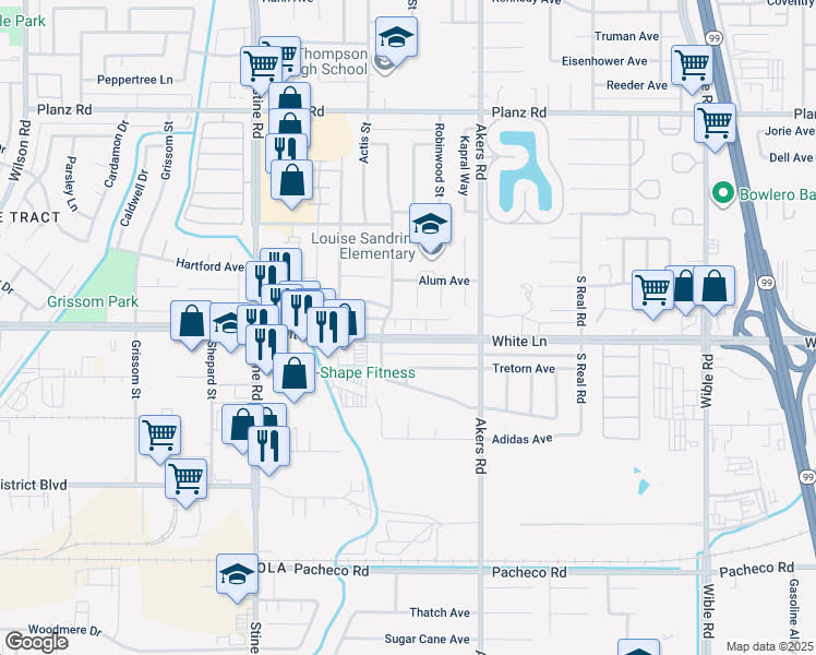 map of restaurants, bars, coffee shops, grocery stores, and more near 4309 White Lane in Bakersfield