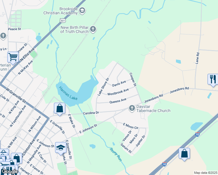 map of restaurants, bars, coffee shops, grocery stores, and more near 602 Davis Avenue in Dunn